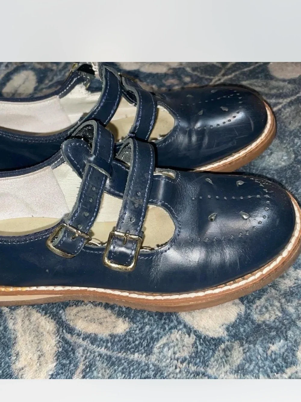 Vintage Amilio Navy Blue Leather Dbl T-Strap Mary Jane Shoes Girls Size 12 USA
